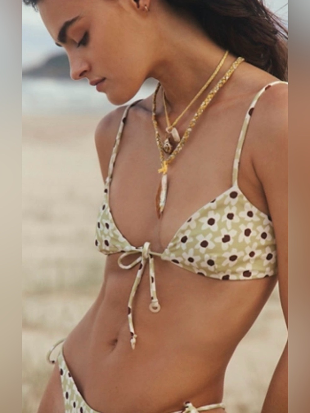 Free People Zulu and Zephyr Green Floral Tie-Front Triangle Bikini Top size 4
